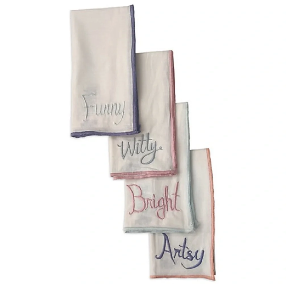 NWT Embroidered Pastel Artsy Funny Witty Bright Cloth Napkins